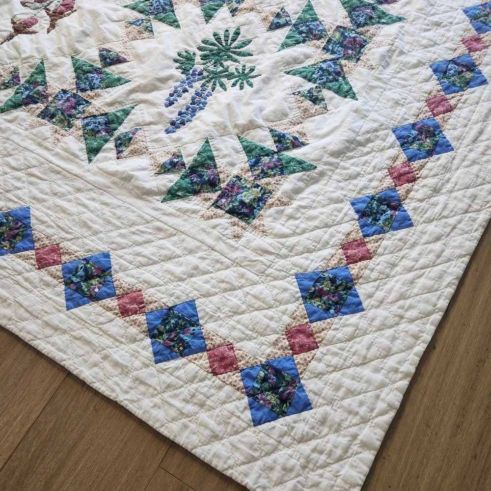 Vtg LL Bean Freeport Maine Botanical Block Applique Patchwork Quilt 62 X 80